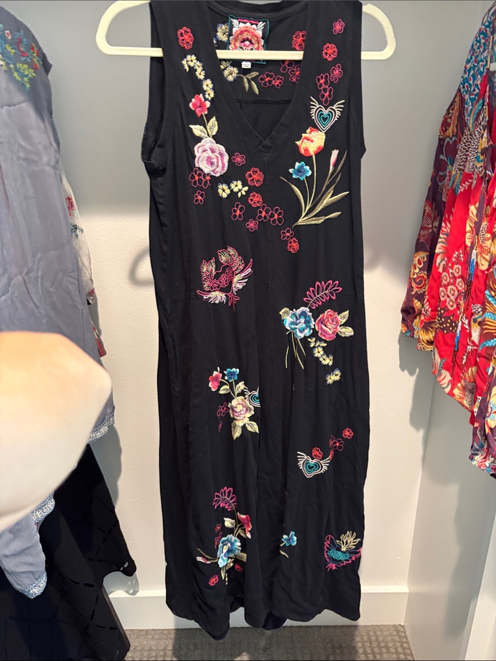 Johnny Was Black Sleeveless Floral Embroidered V-Neck Maxi Dress